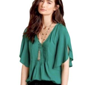 Anthropologie Maeve Maya Pintuck Flutter Sleeve Blouse Kelly Green Size 4